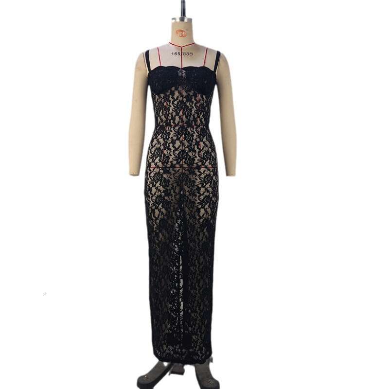 Feng 2024 New Women's Fashion One e Neck Sexy Perspective Lace Slim Fit Hanging Strap Dress