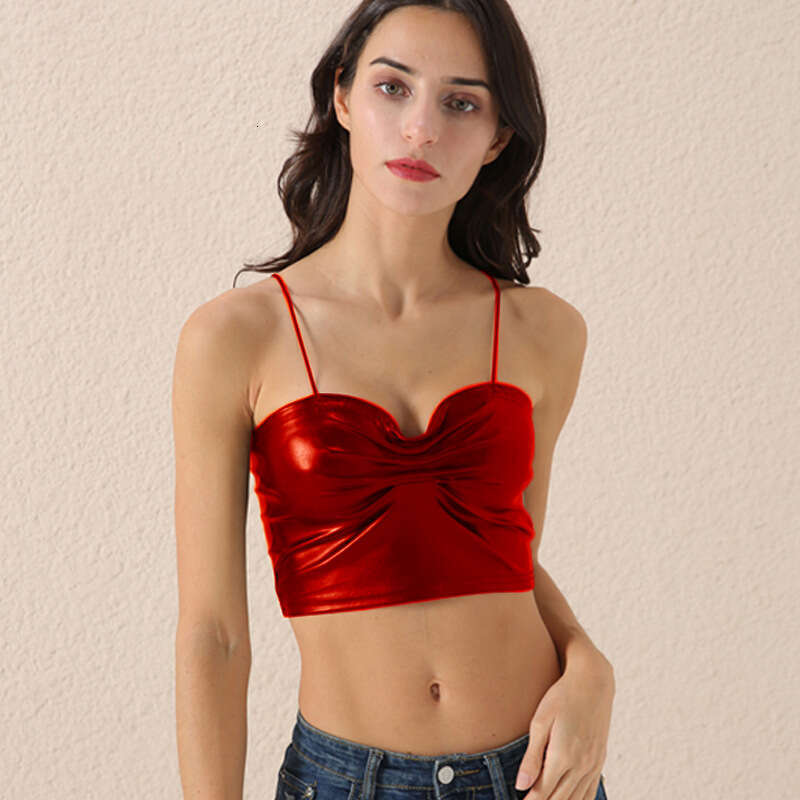 Autumn hot girl shiny patent leather vest sexy pleated suspender strapless women's wear now