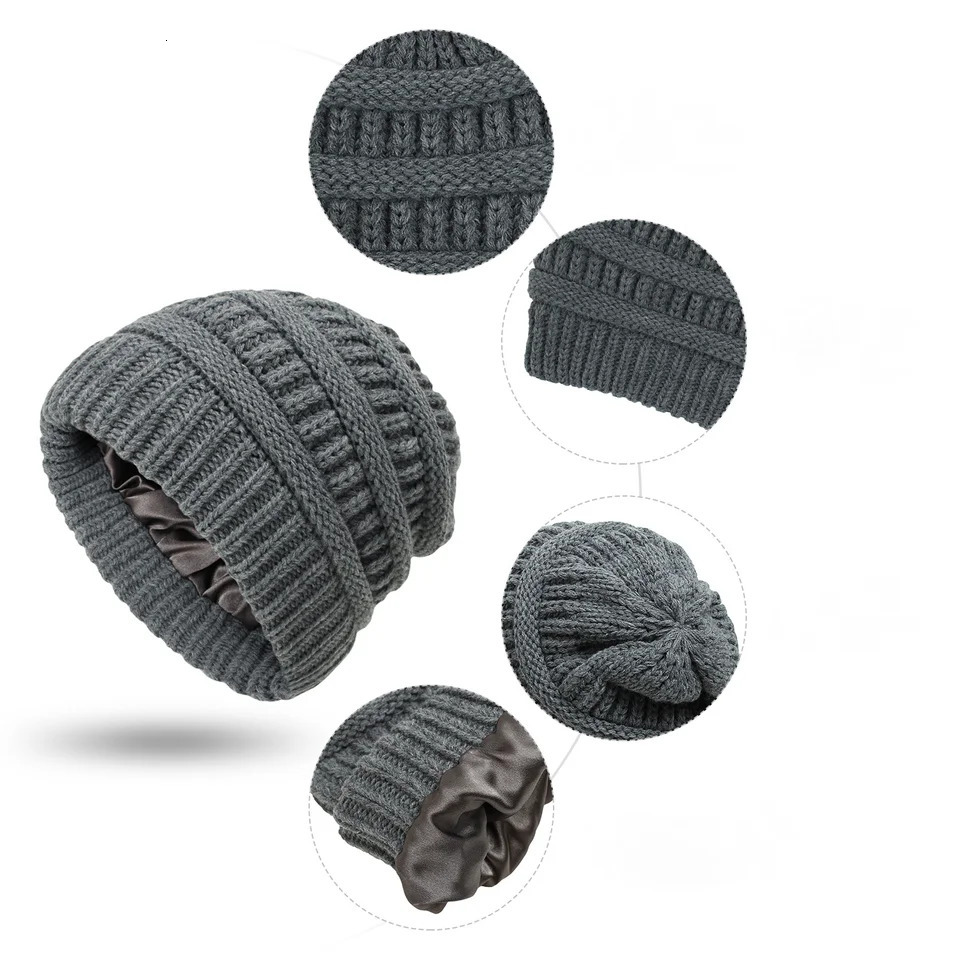 Fashion 9 Colors Winter Warm Knitted Hat Satin Silk Lined Cable Knit Beanie y Slouchy Skull Cap 241125