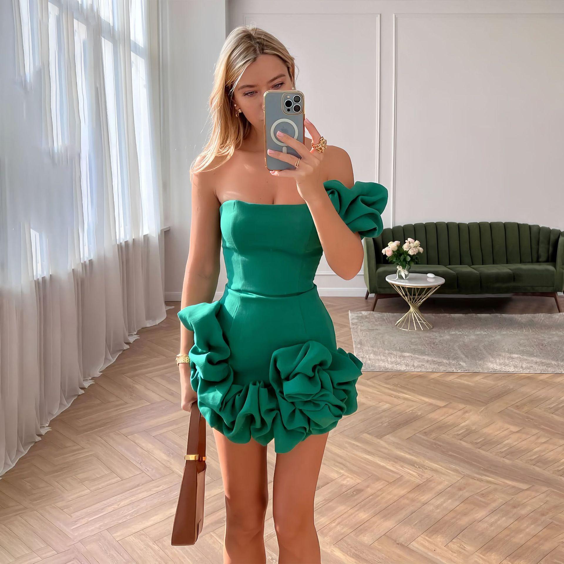 Summer New Women's Dress With Ruffles, Buds, Waist Dress, One Shoulder Bra, And Hip Wrap Skirt