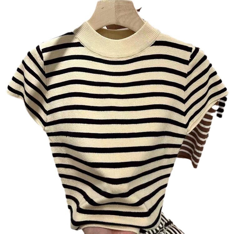 Autumn new semi high neck striped bottom knitted women's slim fit short sleeved designer ice silk shoulder T-shirt sweater