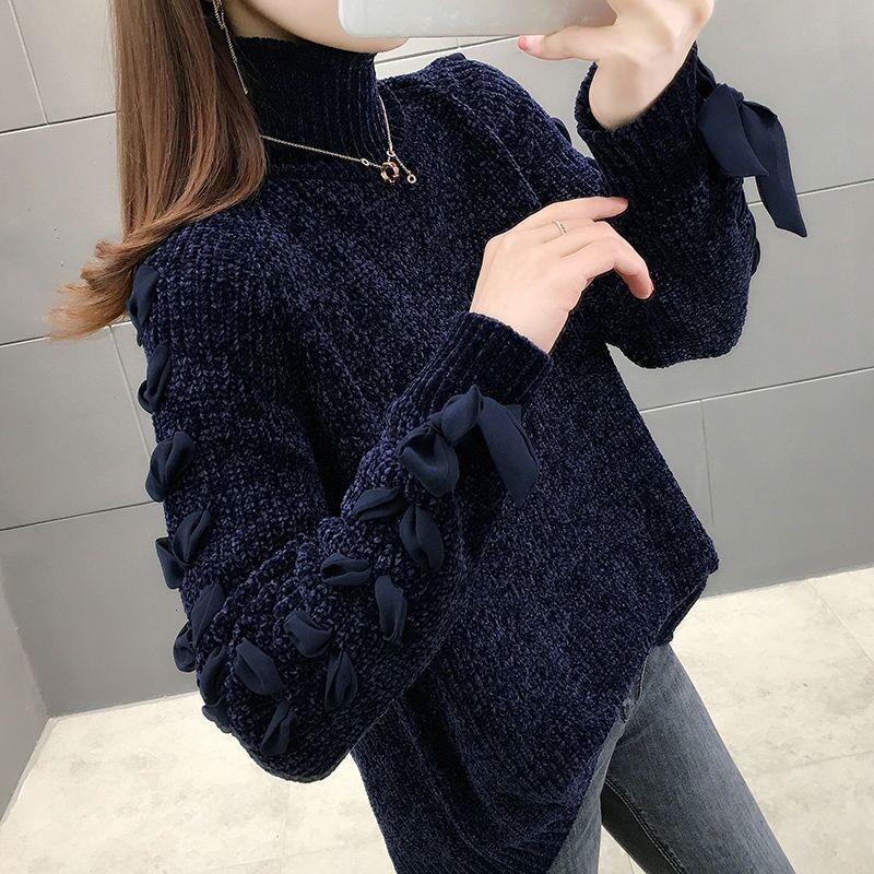 New Chenier Women's High Neck Autumn/Winter New Gold Velvet Coarse Thread Loose Bottom Knitted Designer Sweater