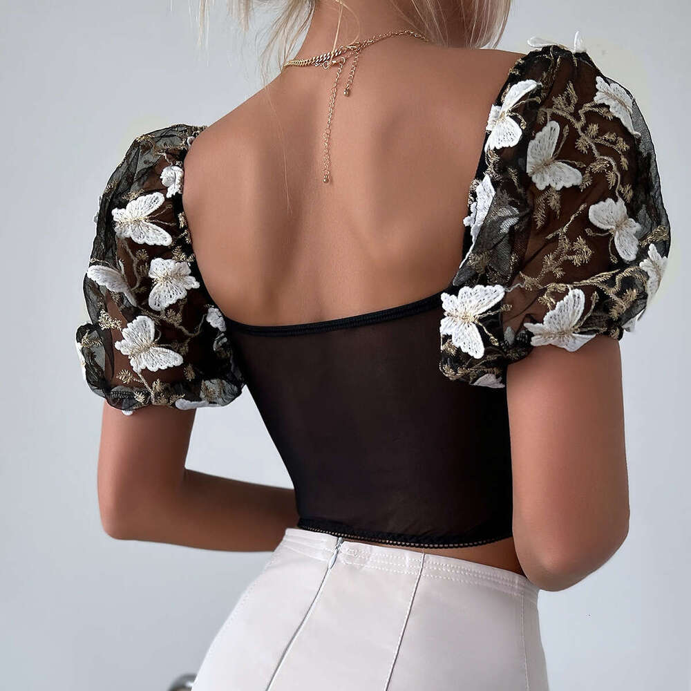 New Spicy Girl Open Back Perspective Butterfly Embroidery Hanging Strap Spliced Mesh Small Tank Top 10622
