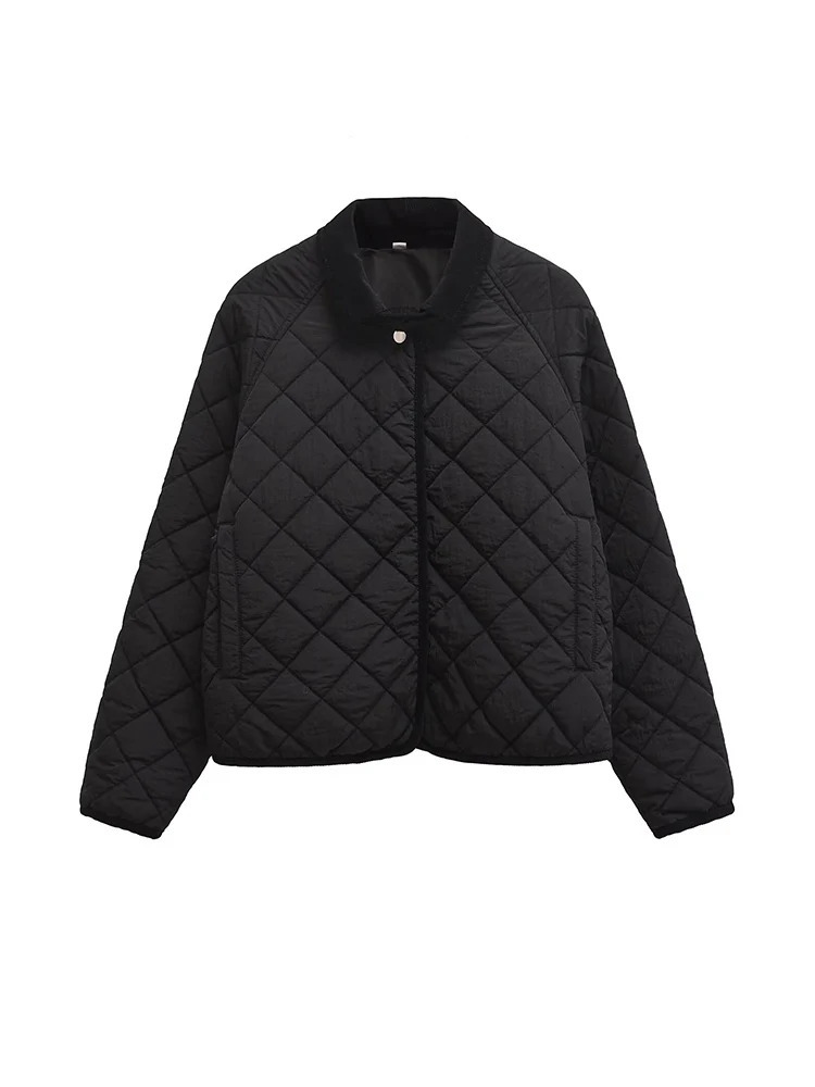 Autumn and winter 2024 womens casual simple diamond pattern quilted short version small high collar cotton jacket 241120