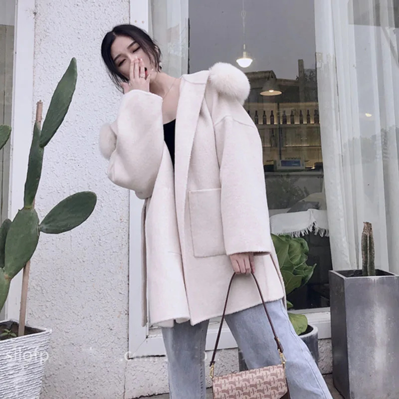 Korea Hooded Cashmere Long Coat With Hood Real Fur Trim Women Warm Large Jacket Female Outwear Spring Loose 241121