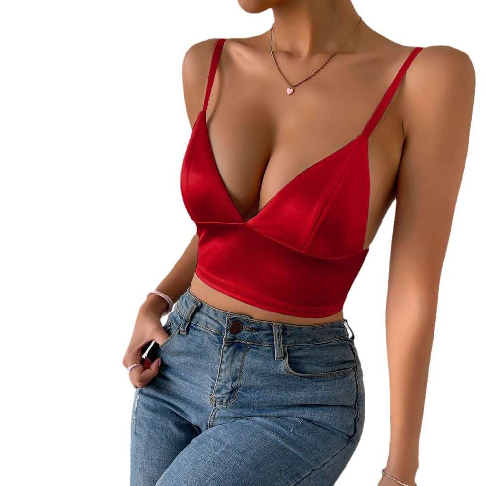 Street sexy exposed navel solid color low cut suspender style spicy girl backless vest female 9552