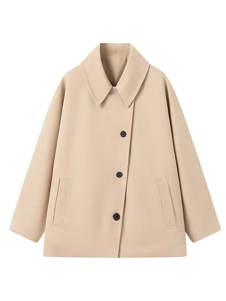Autumn Solid Woolen Loose Short Coat Women Fashion Lapel Long Sleeved Warm Single Breasted Jacket 2024 Lady Commute Streetwear 241121