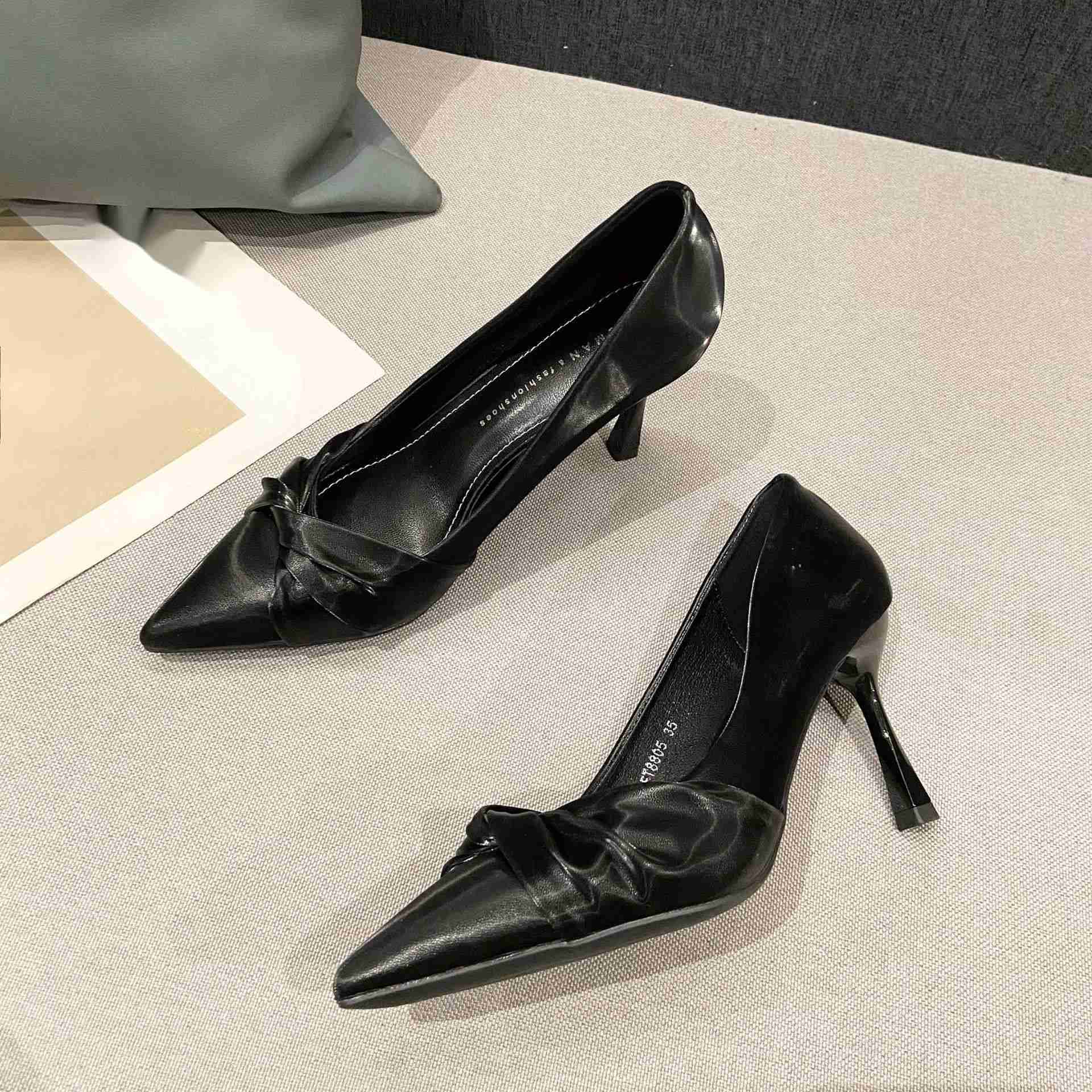 Spring Summer New Collection Solid Color Low Top Pointed Fine Heel 7CM Adhesive Shoes Daily 5CM Womens High Heels