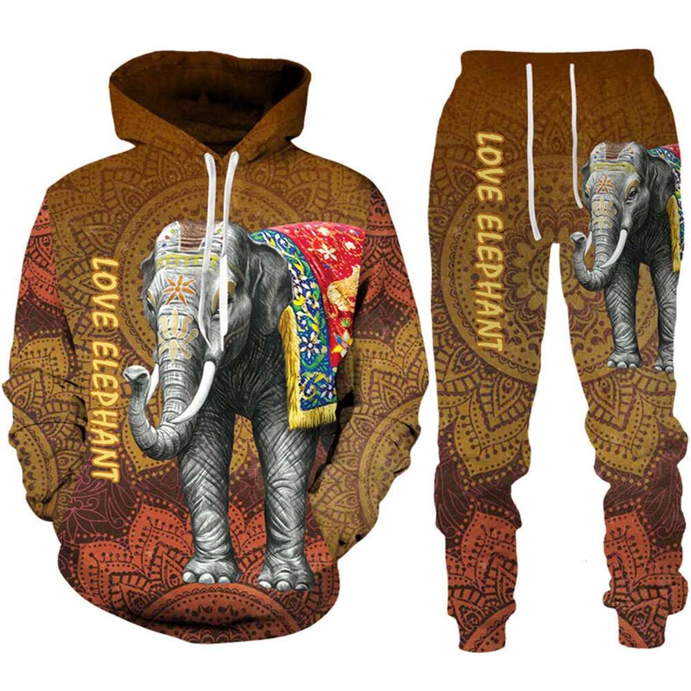 2024 Autumn/Winter Men's Elephant Pattern 3D Printed Long Sleeve Hoodie, Sweatshirt, Pants, Animal Set