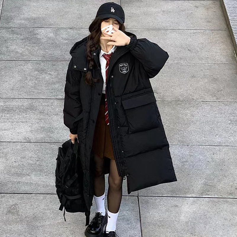 Fashion versatile designer winter Korean drama female student black hooded knee high mid length down thickened cotton coat jacket