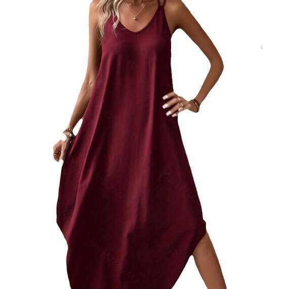 2024 Summer Elegant Cotton Polyester Sling Style Neck Hanging Solid A-line Women's Dress