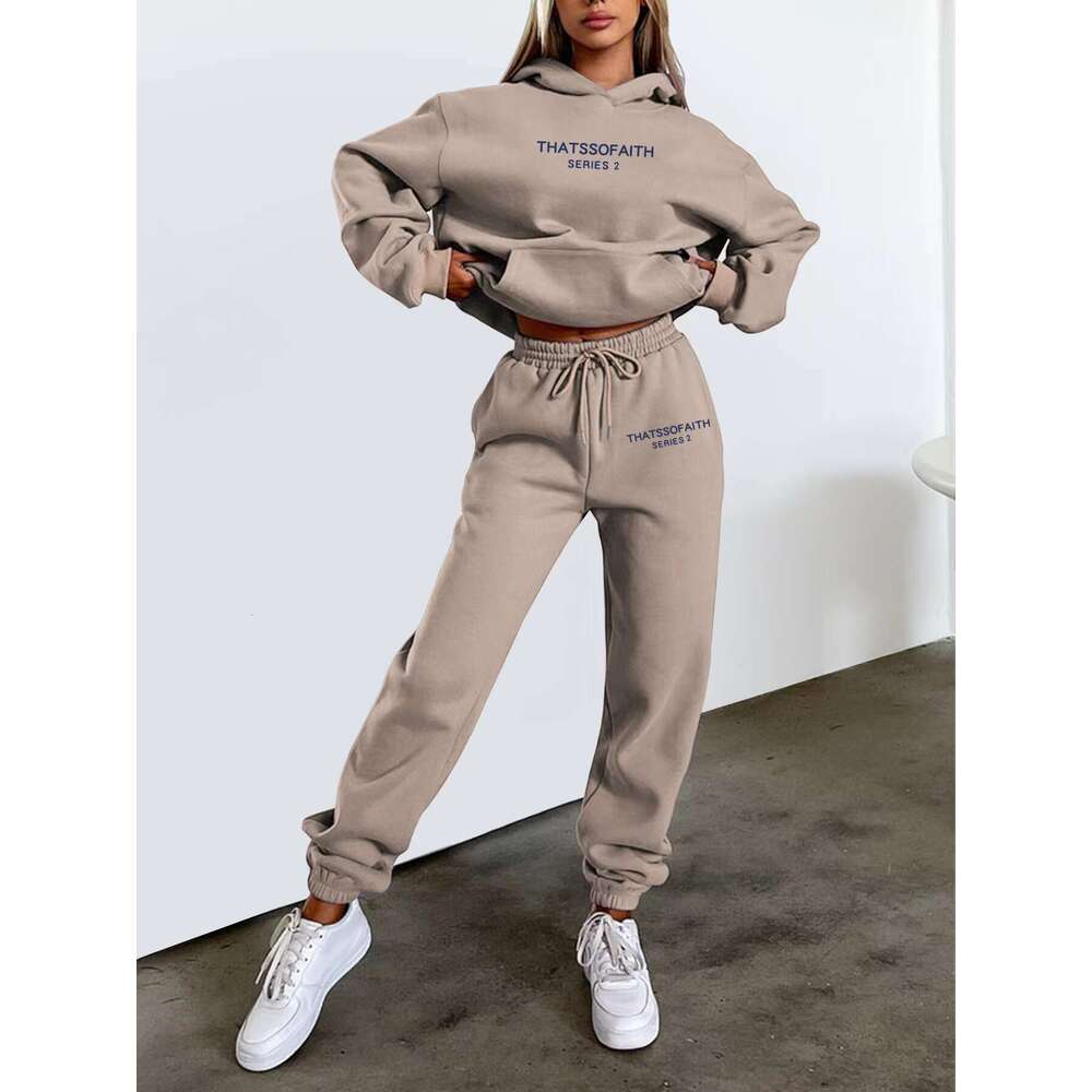 European and American women's letter printed hooded sweatshirt fashionable casual fleece pants set 2024 new style chic elegant clothing