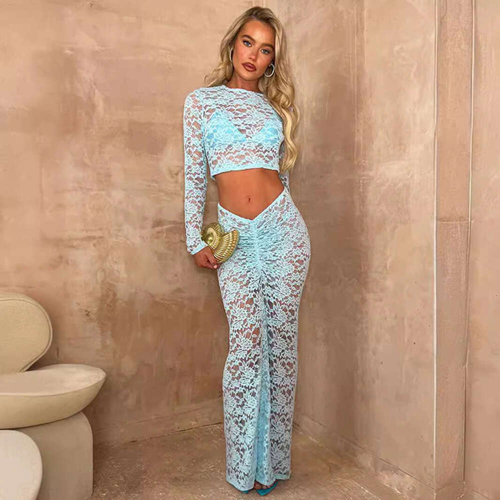 Women's 2024 Perspective Round Neck High Long Sleeve Waist Pack Hip Two Piece Lace Skirt Set