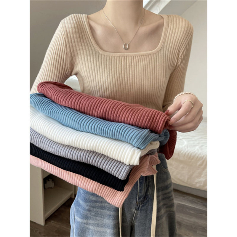 Square neck women's autumn and winter new style long sleeved short sleeved slim fit inner sleeve pullover sweater black bottom knitted designer s