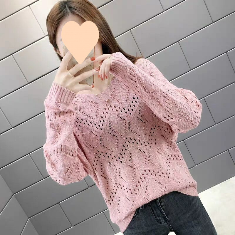 New hollowed out knitted women's new pullover with spring and autumn collar top, loose long sleeved thin designer sweater bottom shirt