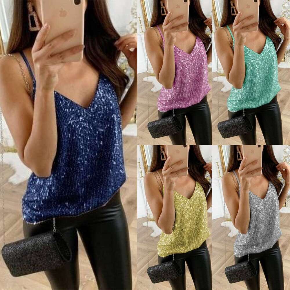 2024 Women's Spring/Summer New V-neck with Gold Plated Strap and Casual Sexy Small Tank Top