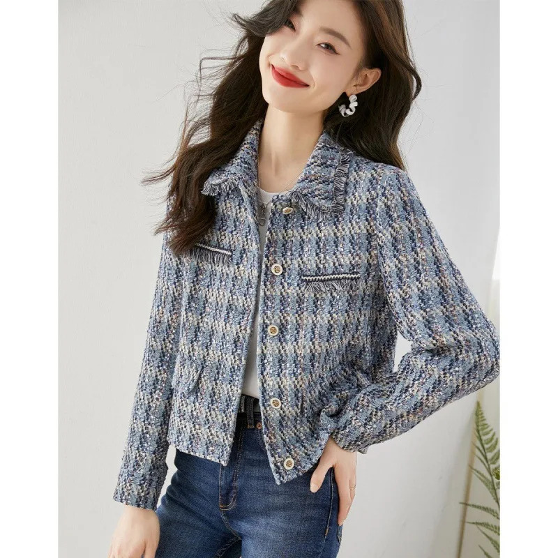 Vimly Plaid Tweed Cropped Jacket For Women 2024 Spring Patch Denim Design Elegant Fashion Lady Short Coat Female Outerwear Q101