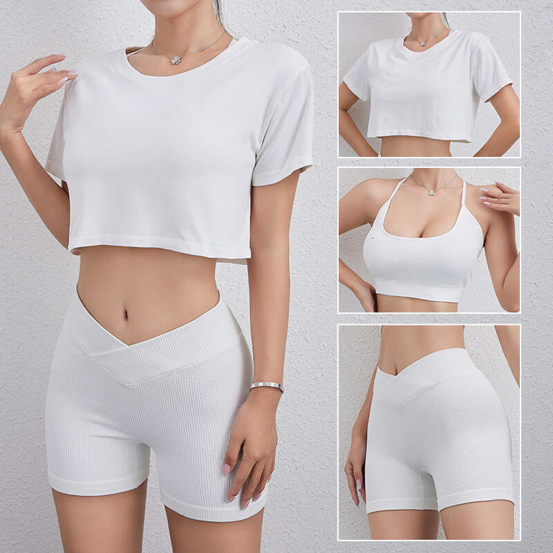 Summer Threaded Sexy Y-shaped Back Bra Yoga Suit Running Sports Fiess 3-Piece Set