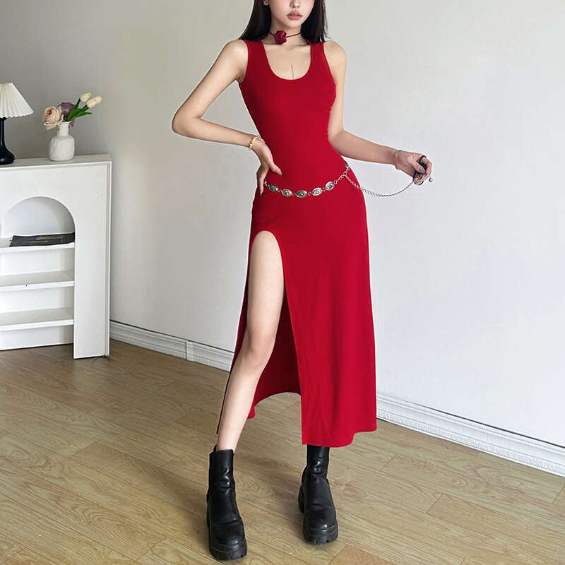 2023 Women's Spring Summer New Fashionable and Sexy Solid Color High Waist Long Split Dress for Women