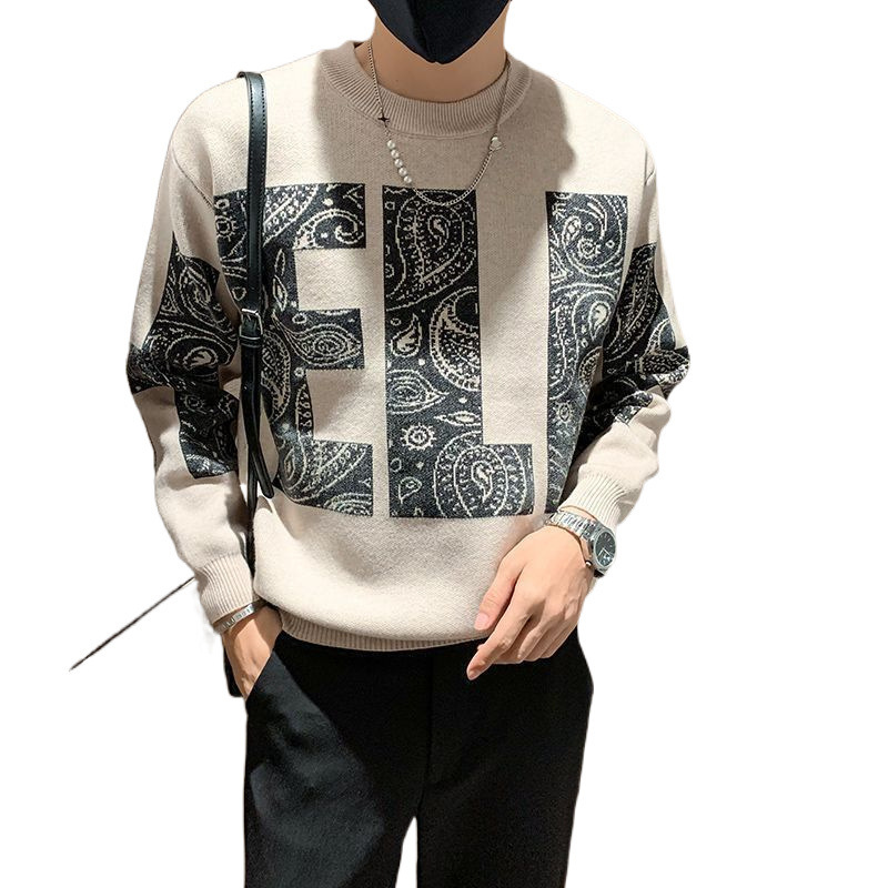 Autumn and winter new men's letter fashion thick Korean version leather handsome slim knit sweater designer trend hoodie