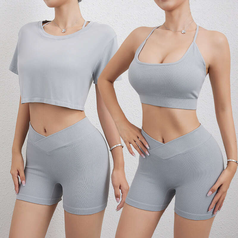 Summer Threaded Sexy Y-shaped Back Bra Yoga Suit Running Sports Fiess 3-Piece Set