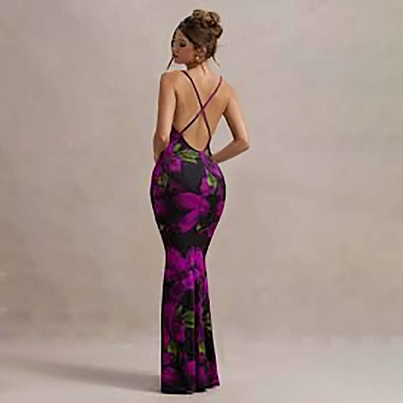 2024 style new dress with floral print, cross shoulder straps, exposed back, slim fit, and long skirt inside