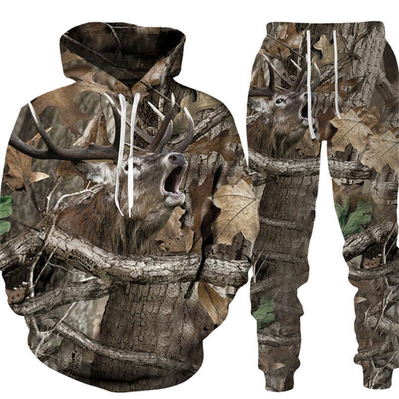 2024 autumn/winter camouflage hunting animal wild boar 3D printing series loose casual hooded sweatshirt set