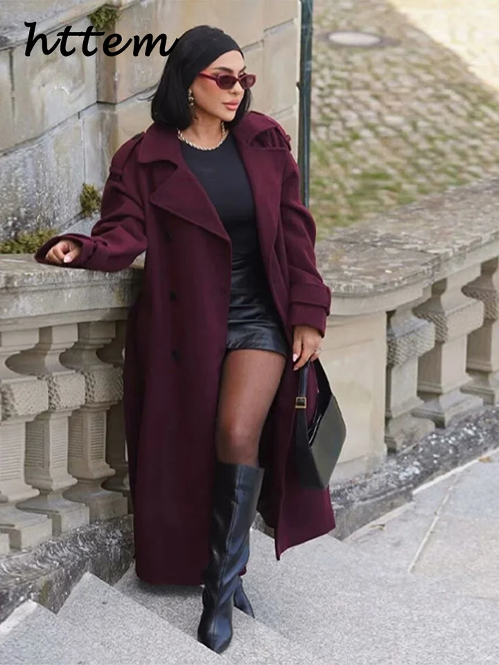 Street Womens Burgundy Woolen Overcoat With Belt Vintage Lapel Double Breasted Long Coat 2024 Autumn Winter Lady Chic Outwear 241121