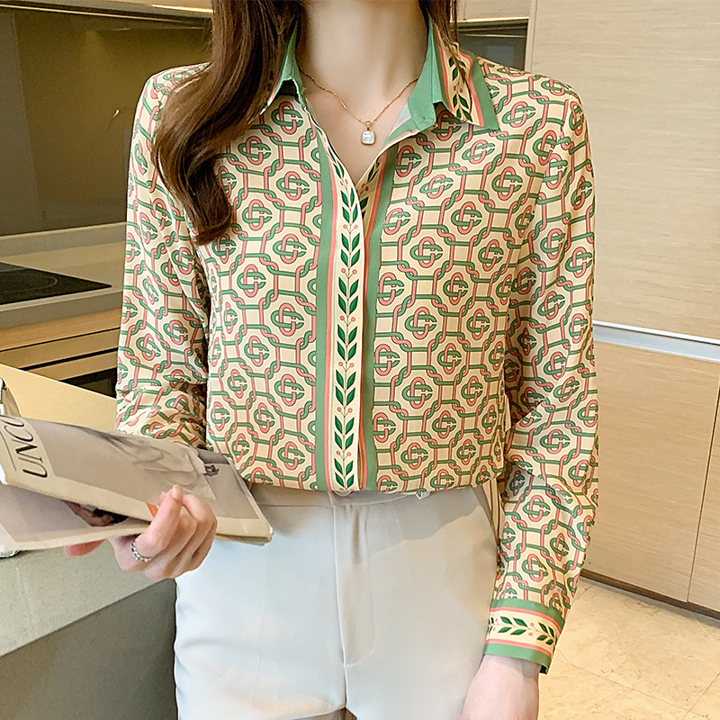 Fashion Printed Chiffon Shirt Spring/Summer Long Sleeved Lapel Casual Top