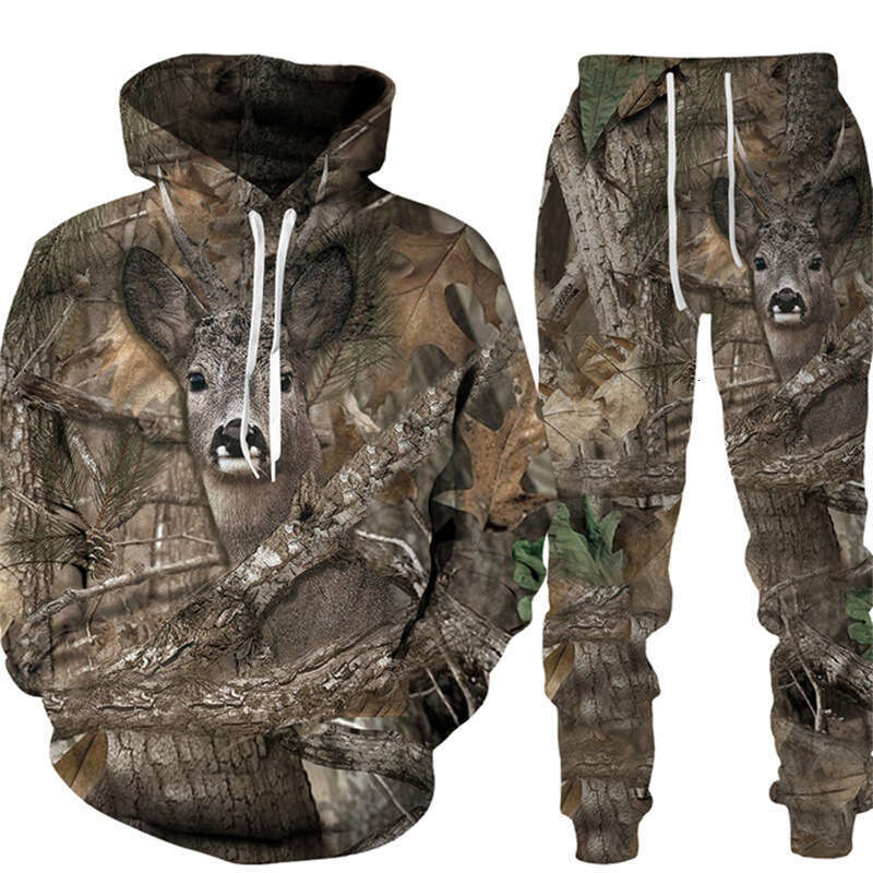 2024 autumn/winter camouflage hunting animal wild boar 3D printing series loose casual hooded sweatshirt set