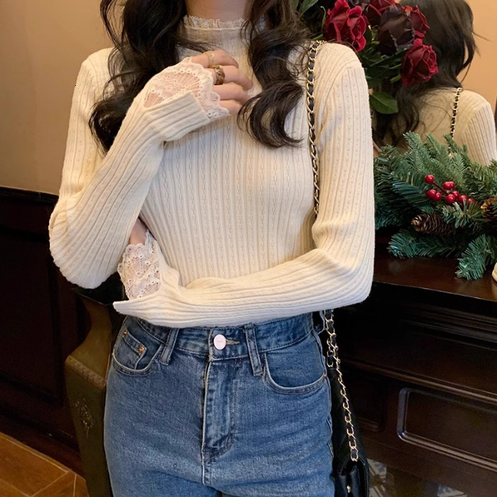 New lace trimmed semi high neck white women's sweatshirt for early autumn, new long sleeved woolen designer jacket, knitted top