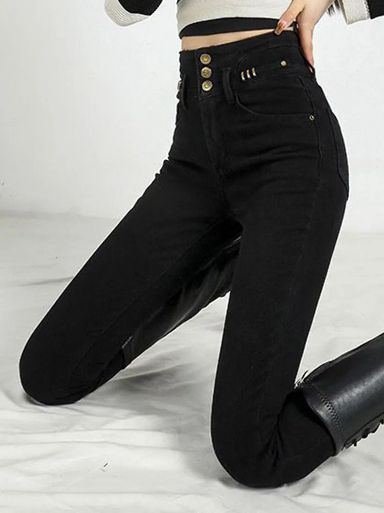 Fashion n Thick and Thin Pencil Jeans Womens Stretch High Waist Velvet Lined Denim Pants Winter Warm Ankle Length Vaqueros 241122