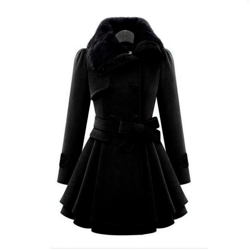 New Plus Size Women's Slim Fit Medium Long Woolen With Double Breasted Thick Coat And Fur Collar Windbreaker
