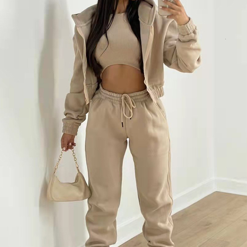 New Women's Solid Color Simple Hooded Sweater Sports Casual Pants Three Piece Set
