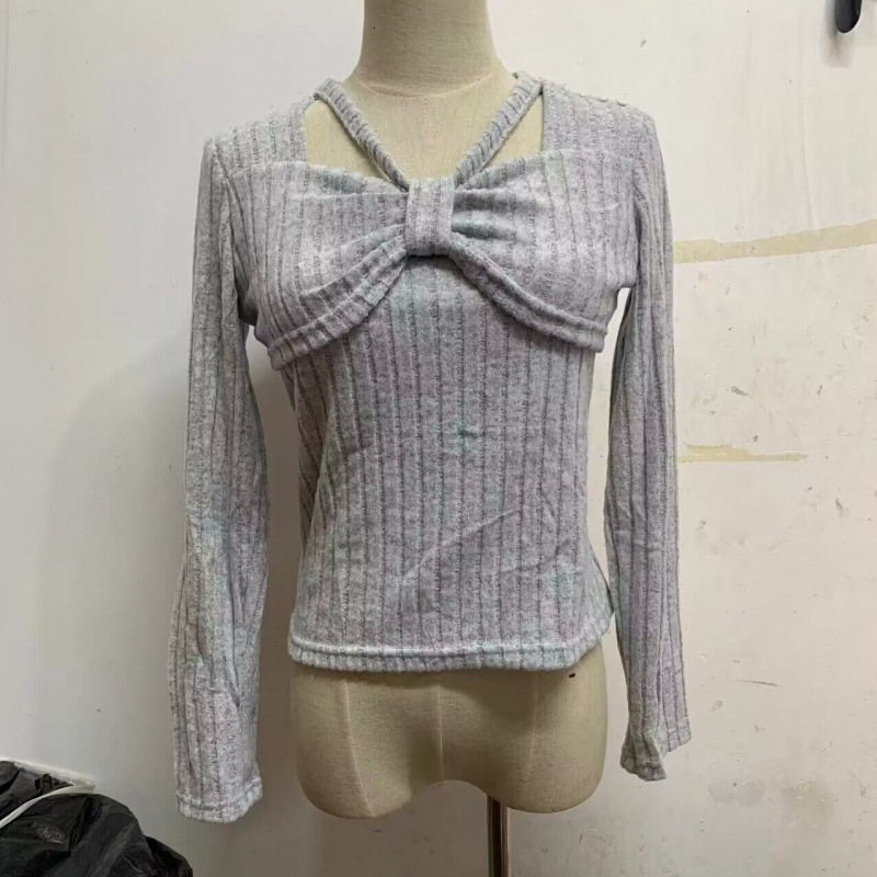 New Angola Red Bead Long Sleeve Knitted Women's Early Autumn New Tie up Folding Slim Fit Top Slant Shoulder Designer Sweater