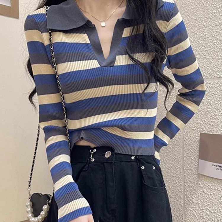 Winter Internet celebrity new stripe lapel long sleeve T-shirt knitted sweater designer women's fashionable chic top