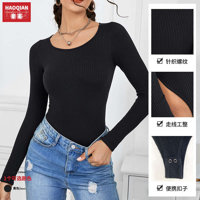 2024 New Fashion Women's Seamless Knitted Ribbed Long Sleeve Tight Sexy jumpsuit with Versatile Style