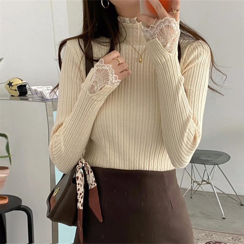 New lace trimmed semi high neck white women's sweatshirt for early autumn, new long sleeved woolen designer jacket, knitted top