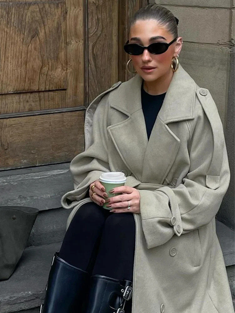 Retro SingleBreasted Lapel Long Coat Casual Loose Solid Woolen With Belt Pockets Female Winter Chic Street Outwear 241121