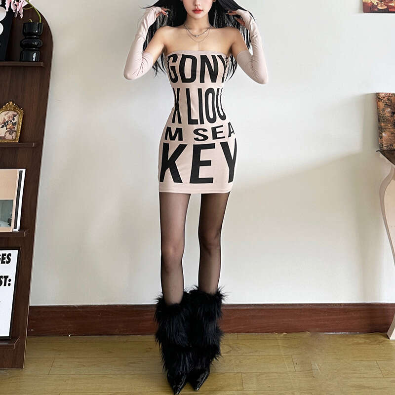 Wind 2024 Autumn New Women's Clothing Large Letter Printed Waist Bag Hip Dress Sleeve Set