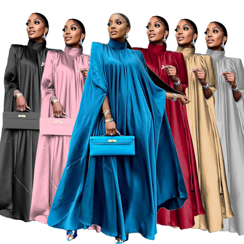 Ethnic clothing Muslim women's high neck loose Middle Eastern robe satin solid color simple basic dress