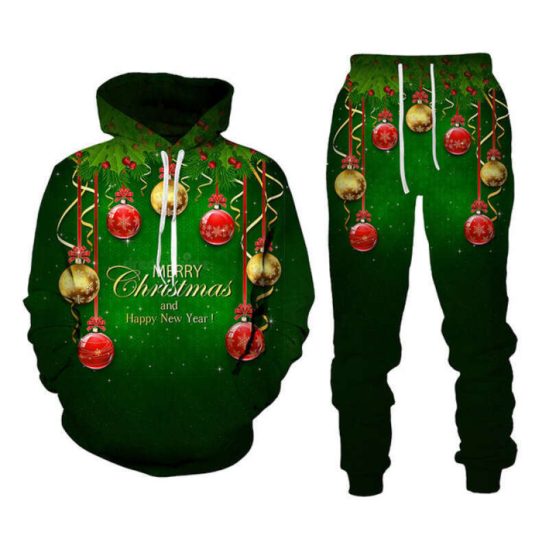 Autumn winter new set Christmas series 3D digital printing casual loose hooded sweatshirt and pants