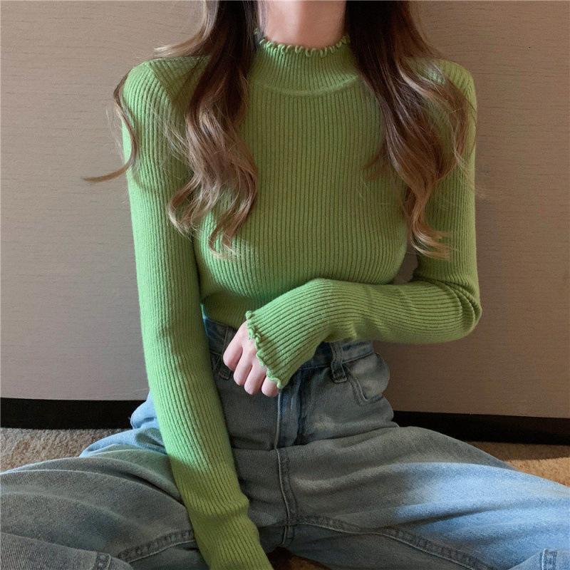Autumn and Winter New Lace Sweater Half High Collar Knitted Top Slimming Black Bottom Shirt Mushroom Edge Designer Women's Interior