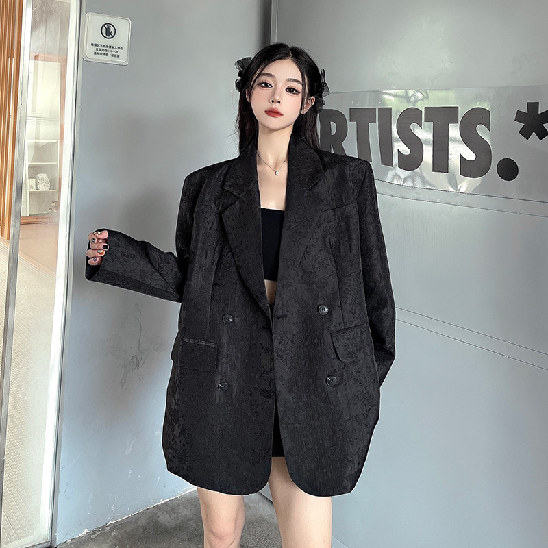 High-End Jacquard Black Blazer Women's Autumn Temperament Double-Breasted Suit Traf 2024 New Tweed Jaqueta Feminina