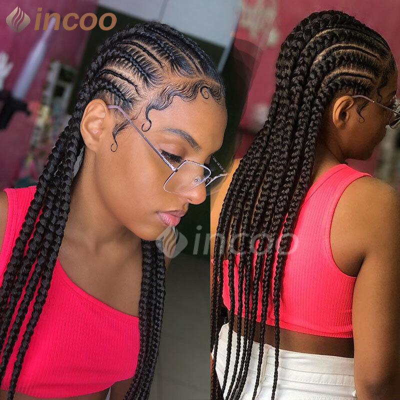 36 Inches Cornrows Synthetic Full For Black Women Jumbo Braided Wigs Lace Frontal Faux Locs Box Braids Wig