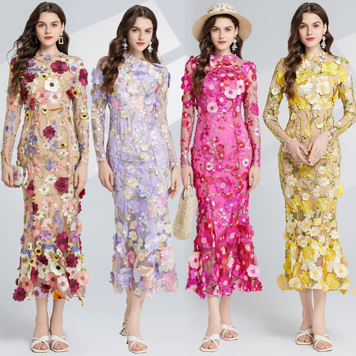 Basic Casual Women Dresses Summer Embroidery Lace Prom Dress Women French Luxury 3D Flower Fishtail Long Sleeve Mermaid Dress Party Bodycon Holiday Ve