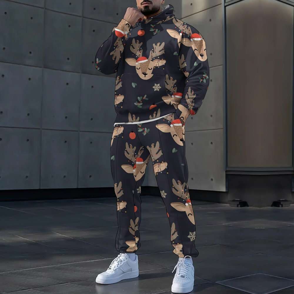 2024 European American new Christmas 3D printed casual loose fitting hooded men's hoodie and sweatpants set