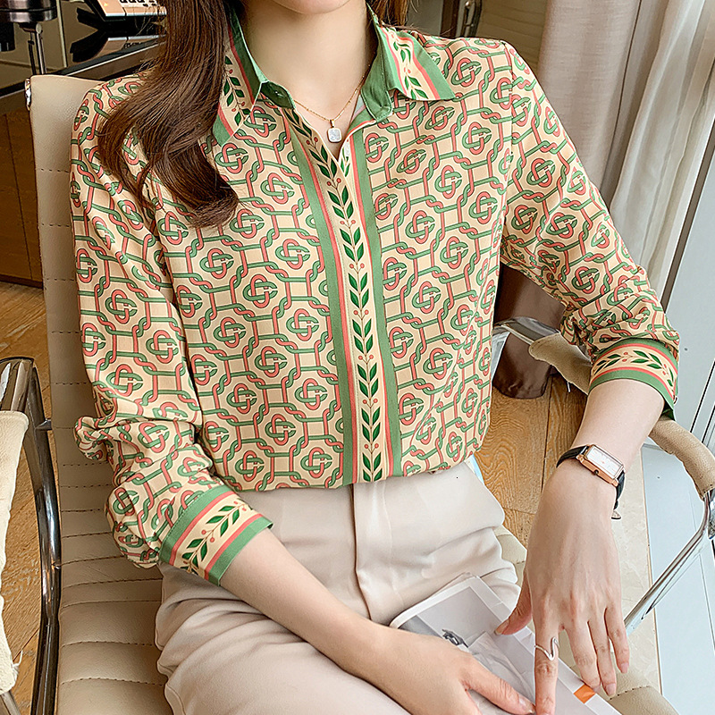 Fashion Printed Chiffon Shirt Spring/Summer Long Sleeved Lapel Casual Top