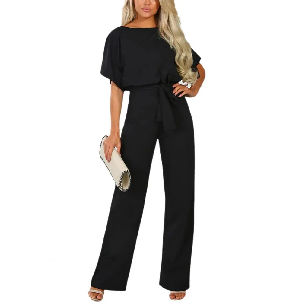 Jumpsuit Lace Up High Waist Elegant Women Solid Color Straight Leg Romper Fashion Shortsleeved Round Neck for Dating 241120