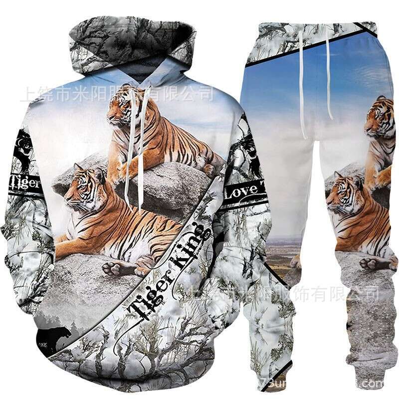 2024 new tiger 3D printed hooded casual loose hoodie set for spring autumn European and American men's hoodies